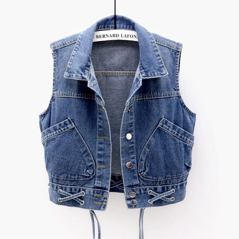 2020 Spring Autumn Denim Vest Women Casual Women's Sleeveless  Jeans Jacket  Pockets Sleeveless Jeans Jacket Casual Outwear