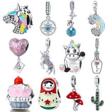 Кактус Шарм 925 пробы серебро CZ Единорог сердце радуга бутылка амулеты Кактус Шарм подходит талисманы браслет серебро 925 хорошее ювелирное изделие