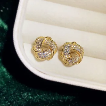 

S925 Silver Needles Stud Earrings For Women Classic Cubic Zirconia Tie Triangle Ear Studs Bridal Wedding Fine Jewelry