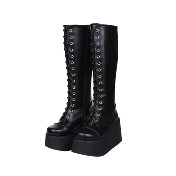 

Botas De Mujer Autumn Winter Girl Motorcycle Boots Black Leather Lolita High Heels Platform Woman Botas Punk Lace Up Shoes