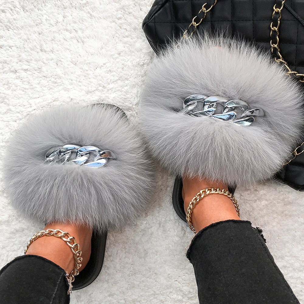 

Real Fox Fur Slippers Fluffy Flip Flops Silver Chain Raccoon Fur Slides Summer Sandals Beach Plush Slippers Women Fashion Shoes
