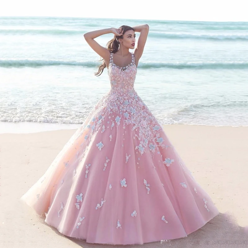 

Sexy Pink 3D Floral Appliques Evening Dresses Scoop Neck Girls Ball Gown long Tulle Prom Dress Formal Evening Gown Elegent