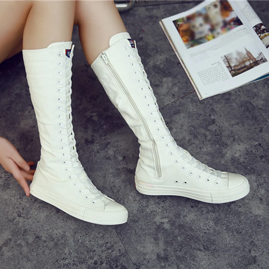 

Canvas shoes Women High Boots Ladies Motorcycle Knee High Boots Flat Zipper Lace Up Canvas Shoes sock boots botas mujer 9m2