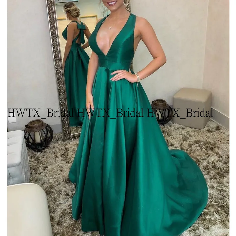 Зеленый HWTX_Bridal платья для выпускного вечера на заказ сексуальное официальное платье с глубоким v-образным вырезом и открытой спиной размера плюс Сатиновые А-образные Длинные вечерние платья - Цвет: Зеленый