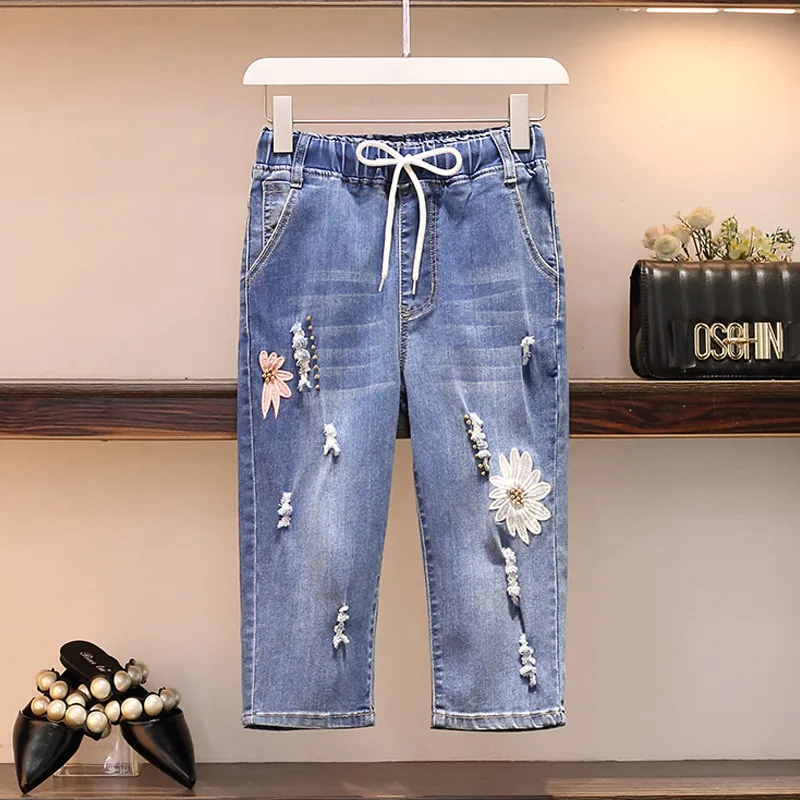 Pantalones vaqueros de gran tamaño para mujer, pantalón harén de cintura alta elástica, bordado con cuentas y agujeros, Vintage, recortados