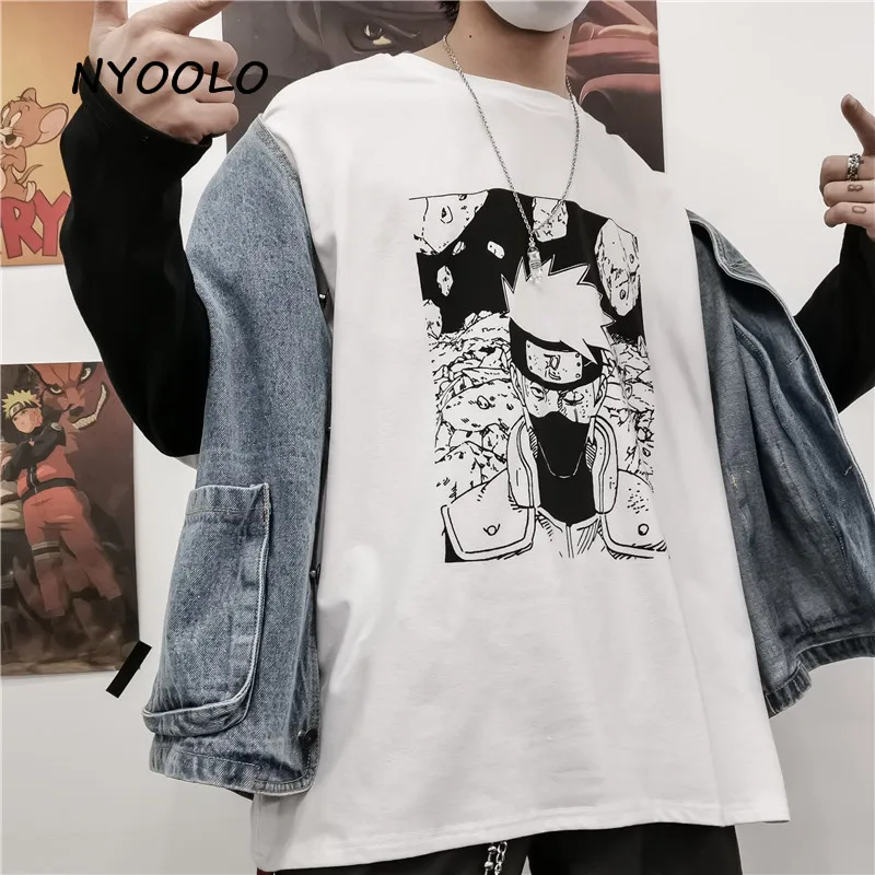 NYOOLO Harajuku уличная винтажная Аниме Наруто печать поддельные две части Лоскутная футболка осень длинный рукав футболка для женщин и мужчин