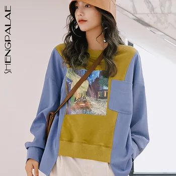 

SHENGPALAE 2020 Spring Fashion Splice Printing Pattern Sweatshirt Hooded Pullovers Fashion Female Casual Oversize Jumper ZA3234