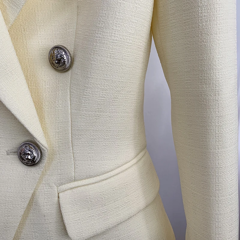 HIGH STREET Newest 2024 Classic Designer Blazer Women's Lion Buttons Double Breasted Slim Fit Textured Blazer Pastel yellow 5