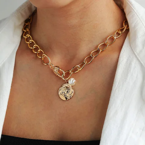 Baroque Pearl Coin Pendant Choker Necklace for Women Wedding Punk Bead Lariat Gold Color Long Chain Necklace Jewelry Gift