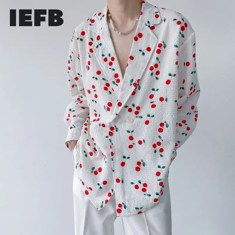 Рубашка IEFB мужская с длинным рукавом модная сорочка винтажным принтом вишни
