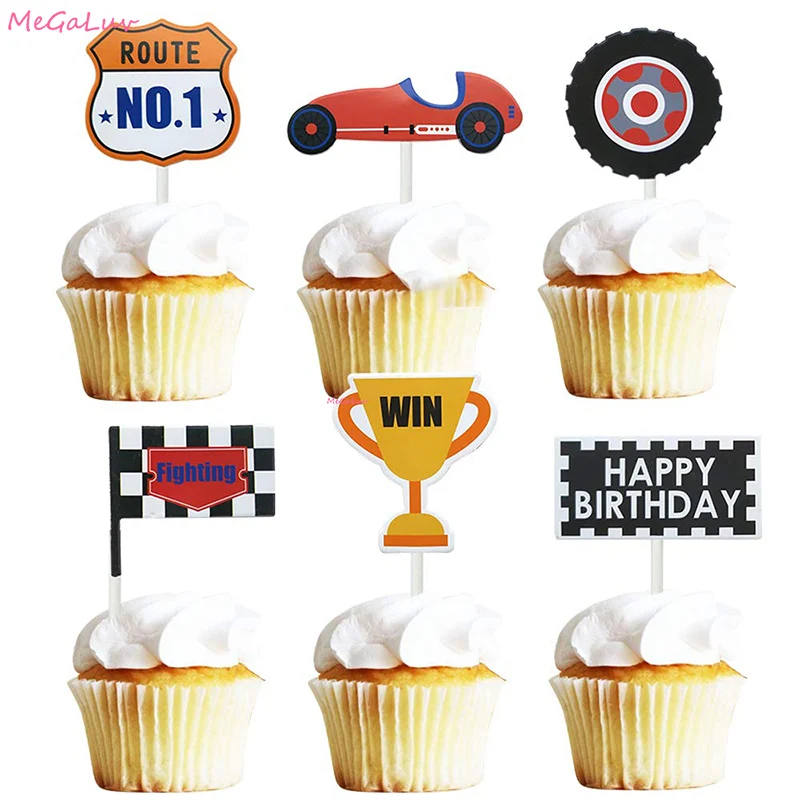 

6Pcs/lot Race Car Cake Toppers Let's Go Racing Cupcake Dessert Toppers Photography Props Happy Birthday Party Cake Decoration