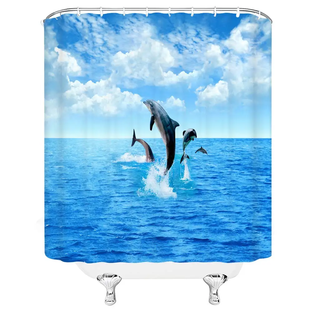 

Dolphin Shower Curtain Tropical Ocean Landscape Ocean Wildlife Bathroom Decoration Polyester Waterproof Fabric 70 Inch with Hook