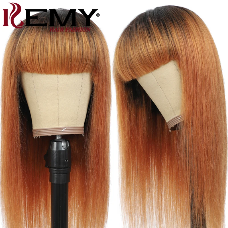 

Human Hair Bangs Wig Brazilian Straight Hair Wigs With Bangs Ombre Brown 1B/30 Full Machine Remy Hair Wigs For Black Women 150%