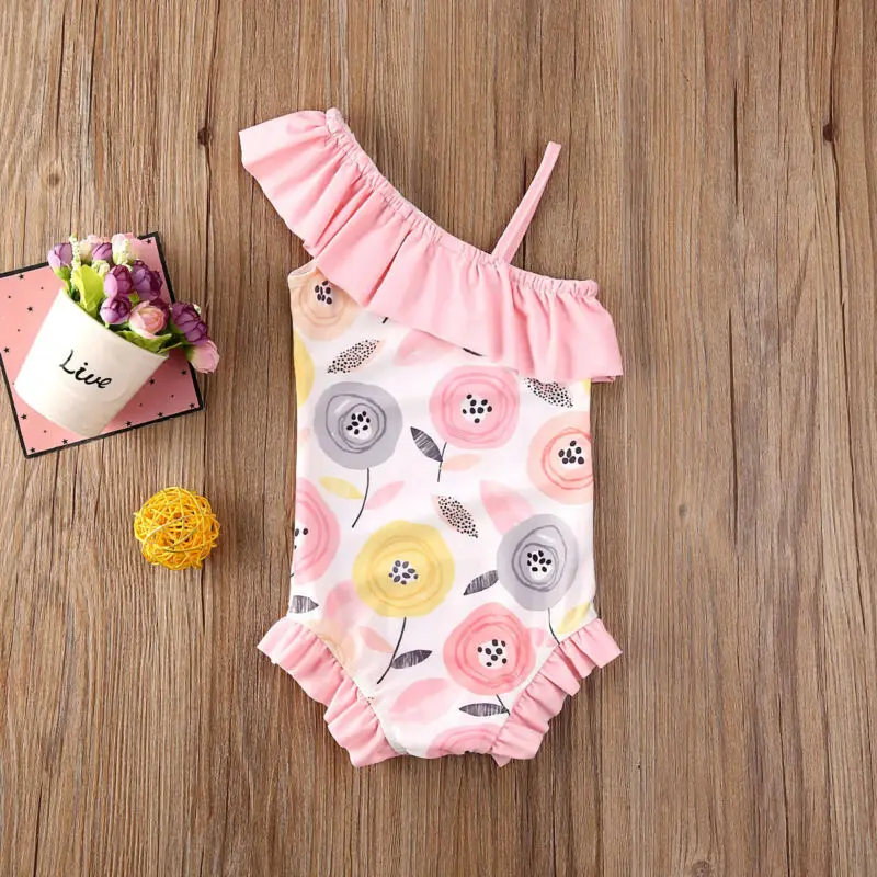 Baby Girl Swimwear Cute Kid Baby Girl One Shoulder Floral Swimwear Ruffles Flowers Print One-Piece Swimsuit Outfit Beachwear