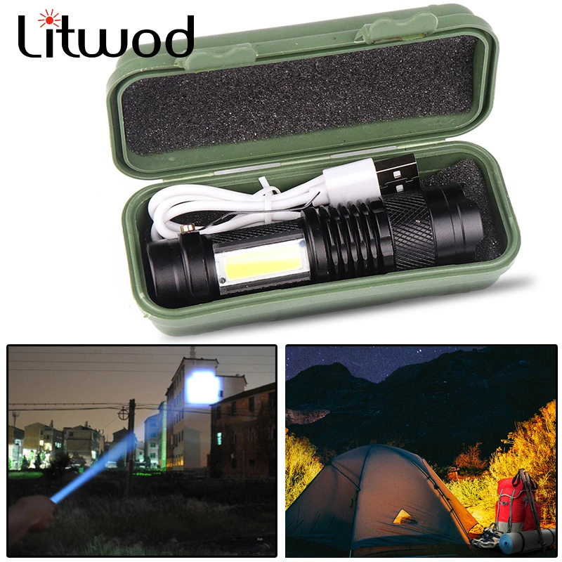 Newest Design XP-G Q5 Built in Battery USB Charging Flashlight COB LED Zoomable Waterproof Tactical Torch Lamp LED Bulbs Litwod high power led torch