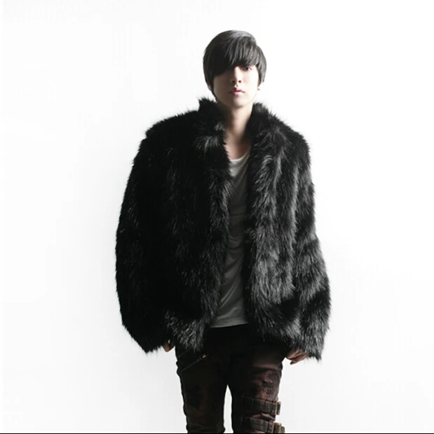 Черный winter faux fur coat Vetement men Furry luxury black Furry fox fur coat Mandarin collar shaggy fur jacket Plus size S~3XL - Цвет: Черный