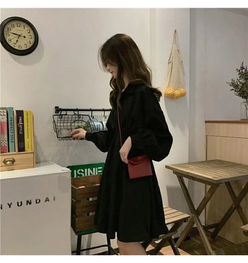 Dress Women Korean Elastic Waist Design Vintage Black Simple Summer Womens Vestidos Lantern Sleeve Trendy Preppy Girls Dresses mini dress