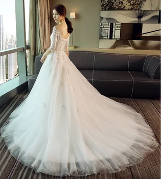 

Simple Slim Wedding Dress 2020 Lace Embroidery Half Sleeve Bridal Dresses Long Train Wedding Gown Elegant Plus Size Vestido