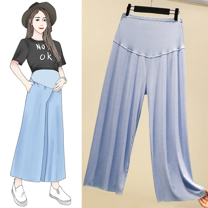 

Viscose Loose Pants Pregnant Women High-waisted Abdominal Support Vertical Stripe Loose-Fit Capri Straight-leg Pants Thin Slimmi