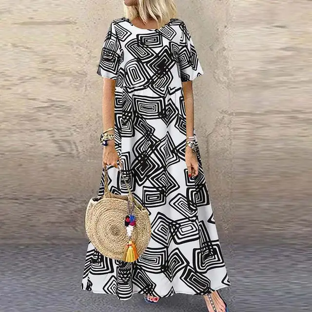 ZANZEA Fashion Summer Maxi Dress Women's Printed Sundress Casual Short Sleeve Vestidos Female High Waist Robe Femme A2 Black Rayon