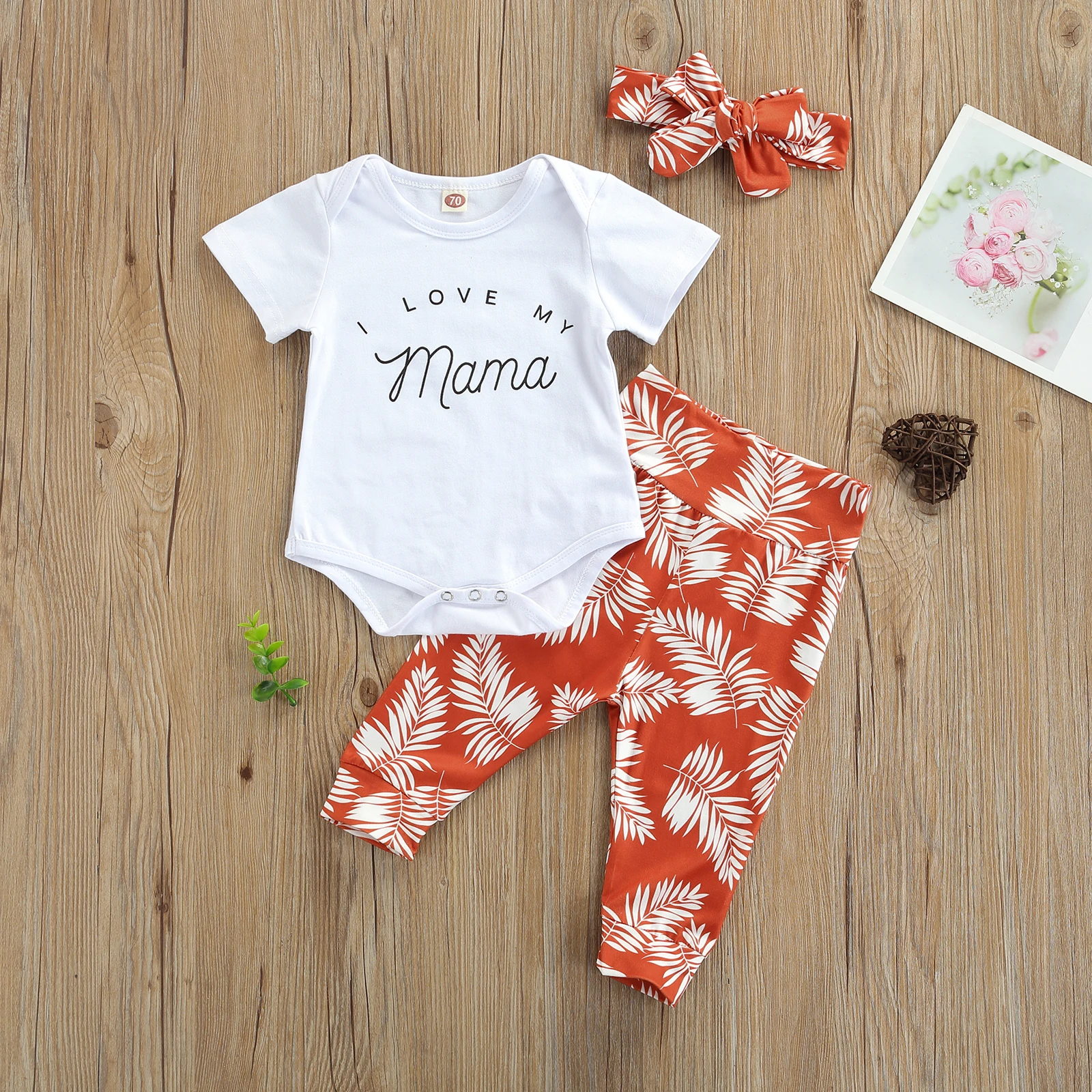 3Pcs Summer Baby Girls Outfits Letters Short Sleeve O-Neck Romper + Leaf Print Elastic Waist Pants Bow-Knot Headband | Детская одежда и