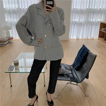 

2020 Autumn Winter Women's Sweaters Double Breast Knitted Turn-down Collar Button Cardigans Pockets Knitwears