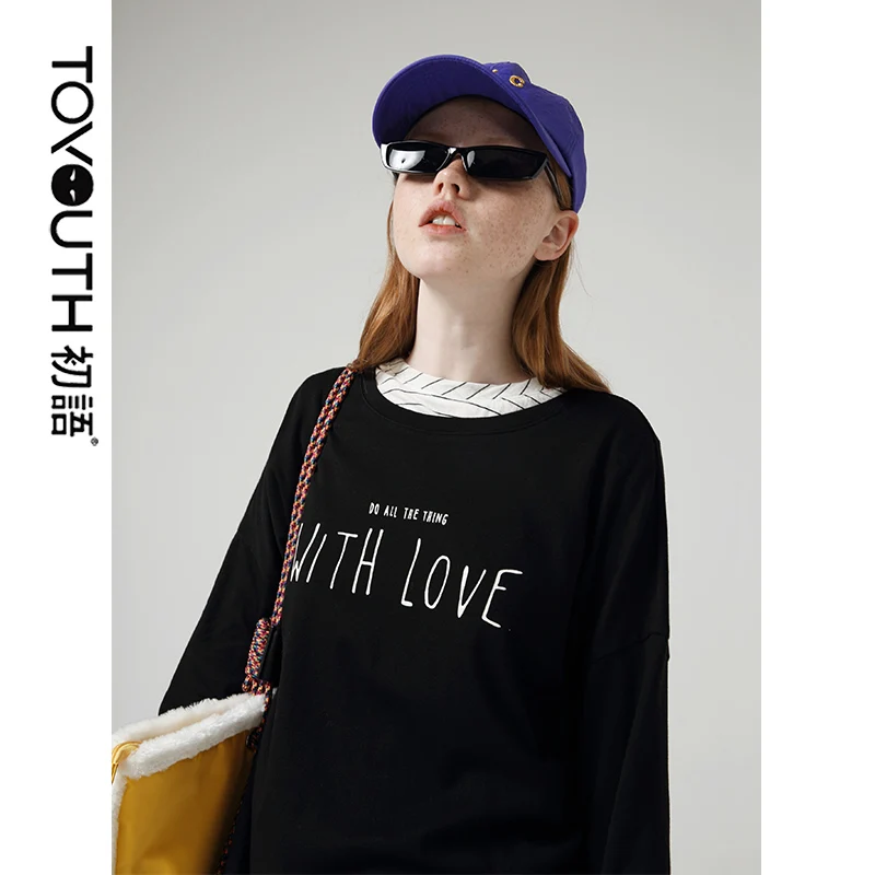 Ceny Toyouth t shirty w stylu boyfriend dla kobiet Lettern wydrukowano O kołnierz ortopedyczny z długim rękawem jednokolorowa na co dzień koszulka bluzki damskie