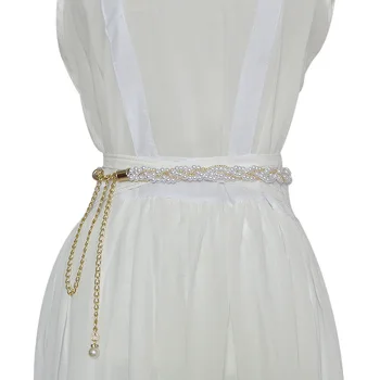 

Fashion Elegant Ladies Pearl Waist Chain Metal Chain Belt Wild Thin Waistband Women Dress Decoration Belts Bohemian Slim Belt