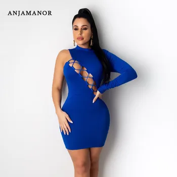 

ANJAMANOR Sexy Bodycon Bandage Dresses Woman Party Night Club Wear 2020 Spring One Sleeve Backless Mini Dress Plus Size D59-AA07