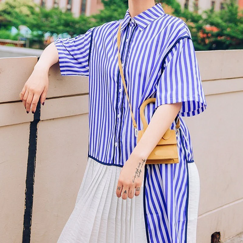 Женское платье рубашка RealShe плиссированное в полоску с отложным воротником и