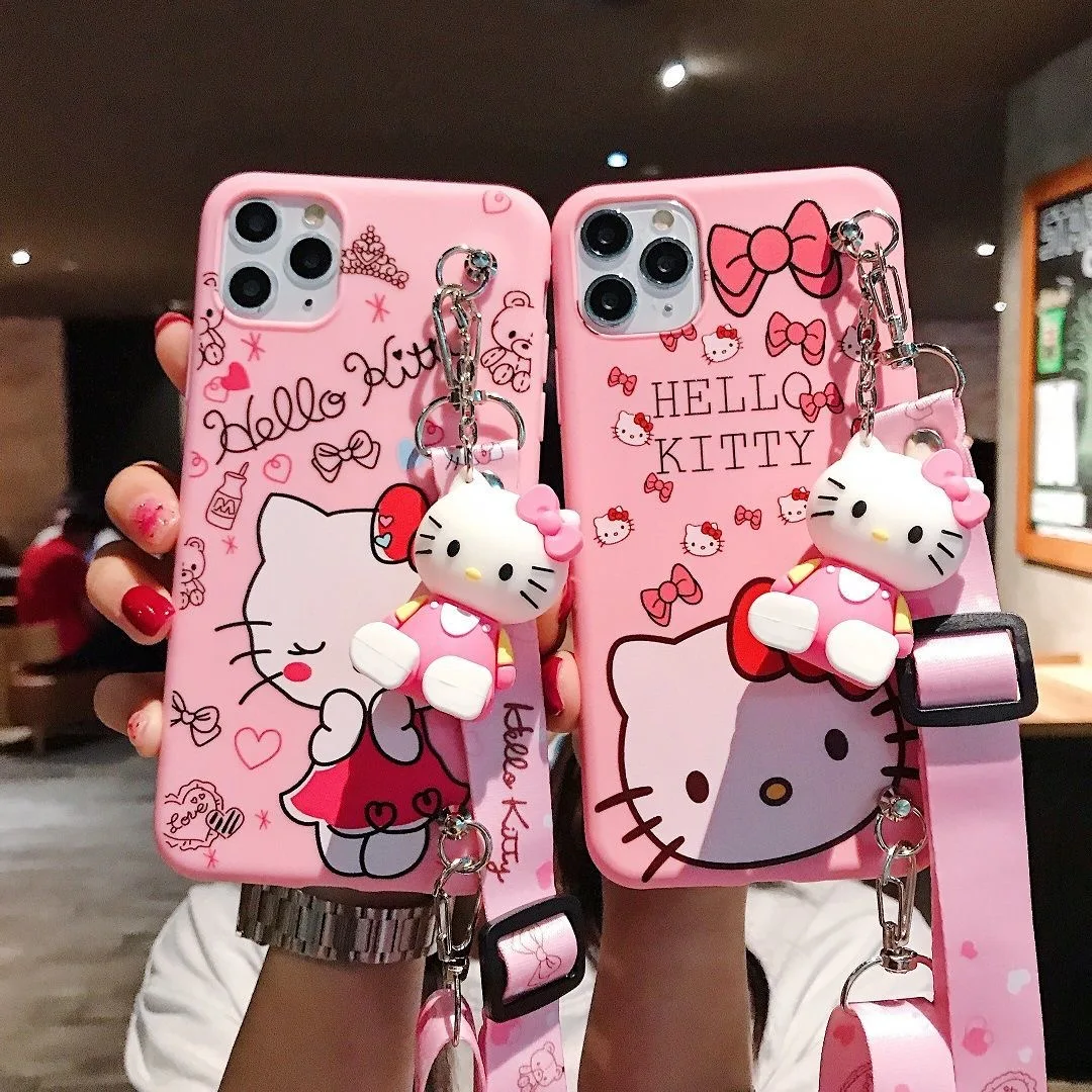 

Cute 3D Doll Cartoon Soft Phone Case For 11 12 Pro Max 7 8 SE2020 Funny Lanyard Hello Cat Kitty Multi-Functional Full Cover