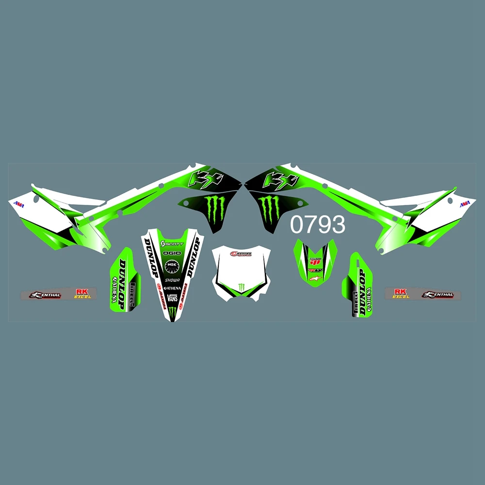 

Full Graphics Decals Stickers Kit Custom Number Name Glossy Stickers Waterproof FOR KAWASAKI KXF450 2016 2017 2018
