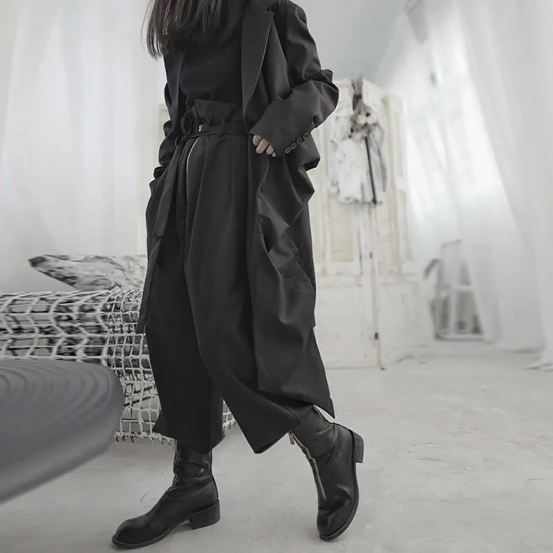 

Korea Pleated Black Wide Leg Pants Fashion New Women 2020 Spring Pleated Elegant Bandage Pocket Full Length Pants ZLL4661