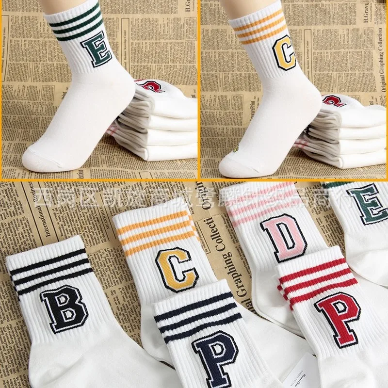 Корейские женские носки в полоску с надписями; хлопковые теплые Дышащие Модные забавные повседневные спортивные носки; сезон осень-зима