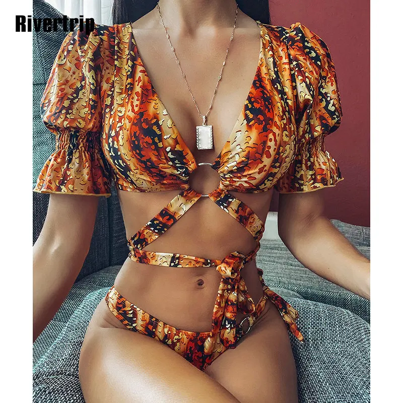 

Leopard Bikini Short Sleeve Swimwear Women Cross Bandage Swimsuit Knotted On The Cheat Bathing Suit High Cut Tie-waist Beachwear