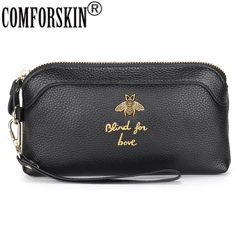 

COMFORSKIN Cowhide Leather Women Clutch Bag Dropshipping барсетка женскаяBee Long Wallet Wristlet Clutch Slim Zipper Coin Purses