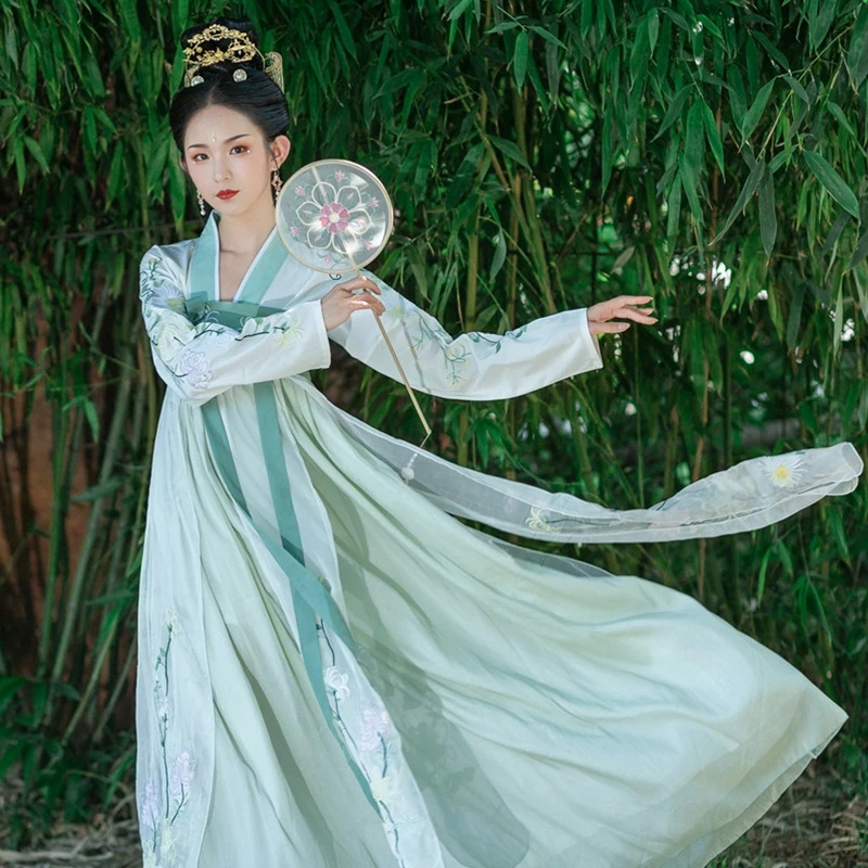 Зеленые танцевальные костюмы Hanfu женское платье феи с вышивкой древний народный фестиваль наряд певцы рейв представление одежда DC2711