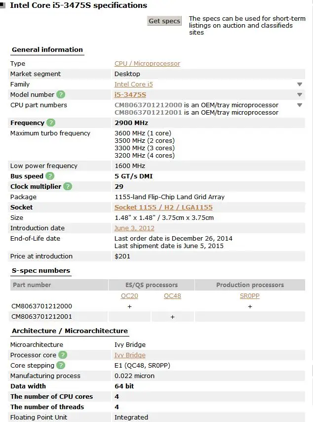 Intel Core i5-3475S i5 3475s 2,9 ГГц четырехъядерный процессор 65 Вт LGA 1155 протестированный рабочий