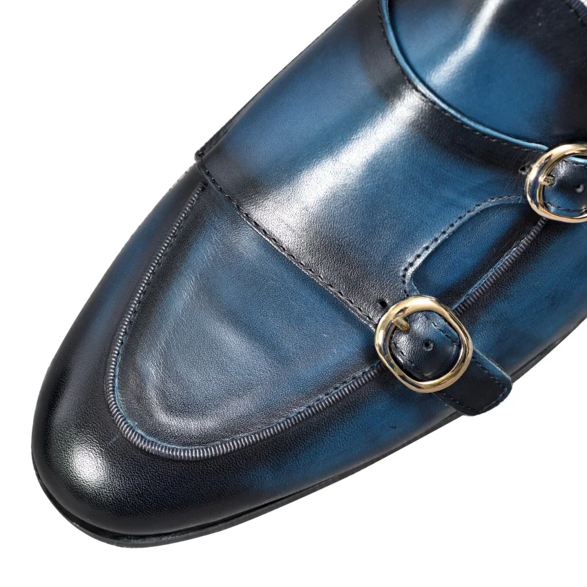 Genuine Leather Mens Casual Shoes Brown Blue Color Office Business Oxford Double Buckle Strap Italy Style Shoe