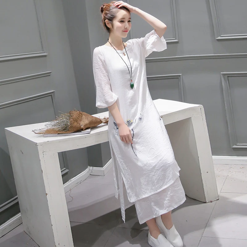 summer vintage Floral Pleated long dress women white Loose Cotton and Linen dress Chinese Style Linen long dress women