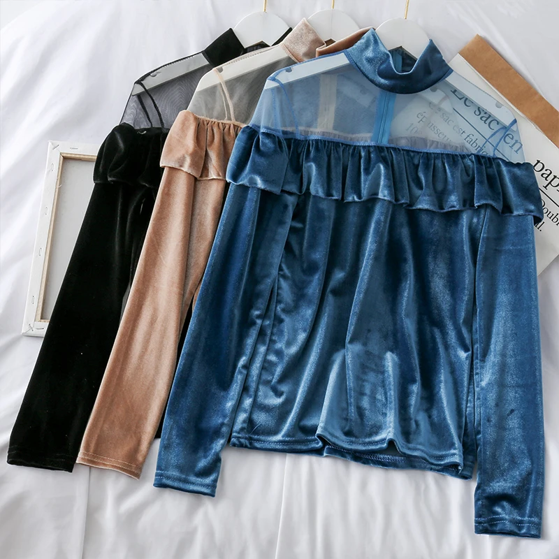 

Mooirue Vintage Pleuche T Shirt Women 2019 Autumn Long Sleeve Ruffles Patchwork Turtleneck Basic Streetwear Mesh Women Tee Tops