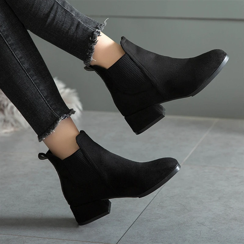 

Women Autumn Winter Flock Ankle Boots Slip-on Round Toe 4cm Square Heel Solid Casual Black/Camel Booties Size 35-43