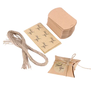 

300pcs Paper Boxes Pillow Candy Box Gift Box Kraft Paper Gift Box Vintage Style Wedding Party Favors Supplies with Hemp Rope