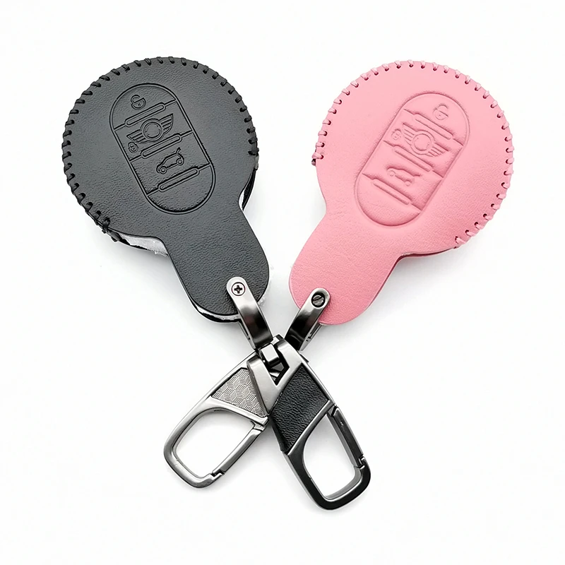 

New Styles Leather Car Key Bag Cases Cover Fob Cup Set Fit for BMW MINI Cooper 2014 2015 f55 3 f56 key 3 Buttons
