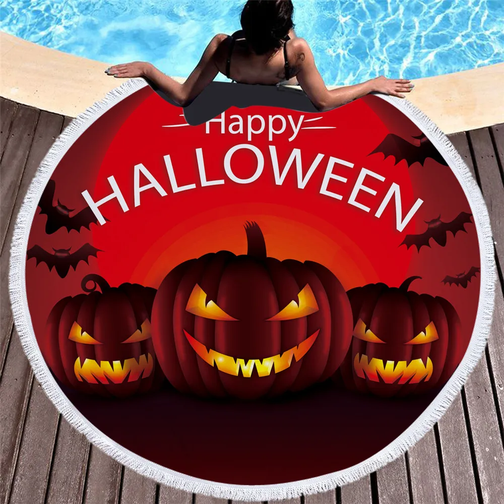 

Halloween Print Microfiber Beach Towel Adult Yoga Mat Tassel Blanket Large Sugar Skull Round Bath Towel Tapestry Home Decoration