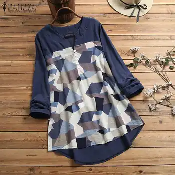 

Vintage Women's Print Blouse 2020 ZANZEA Elegant Spring Shirts Cotton Long Sleeve Blusa Female V Neck Stiching Tunic Plus Size 7