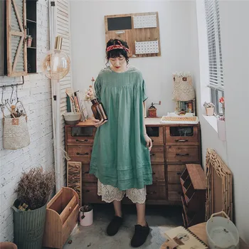 

2020 summer new loose forest women's cotton and linen short-sleeved mid-length retro dress literary