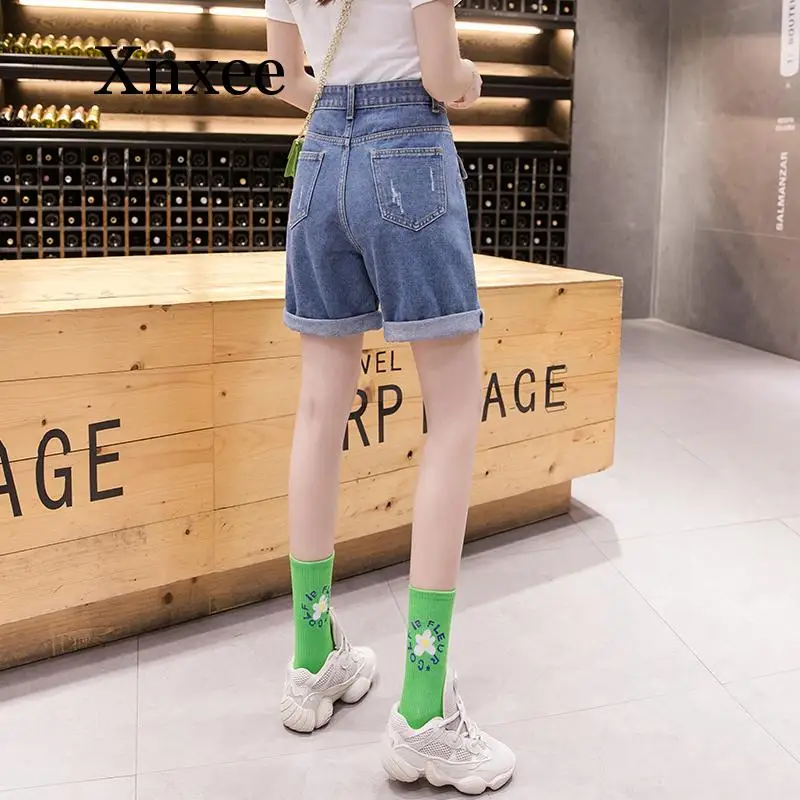 summer blue denim shorts jeans  Summer Ripped Short Jeans Denim Shorts for Women big pocket student shorts blue