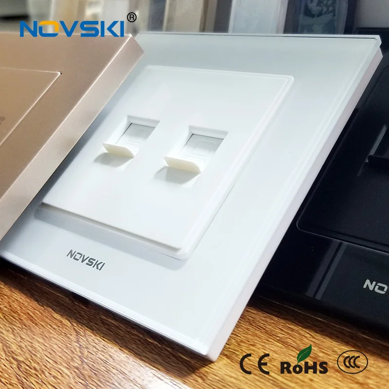 Luxury Duplex Rj45 Cat 6 10Gbps Internet Wall Socket Double Ethernet Plug Crystal Tempered Glass Panel Computer Dual RJ45 Outlet