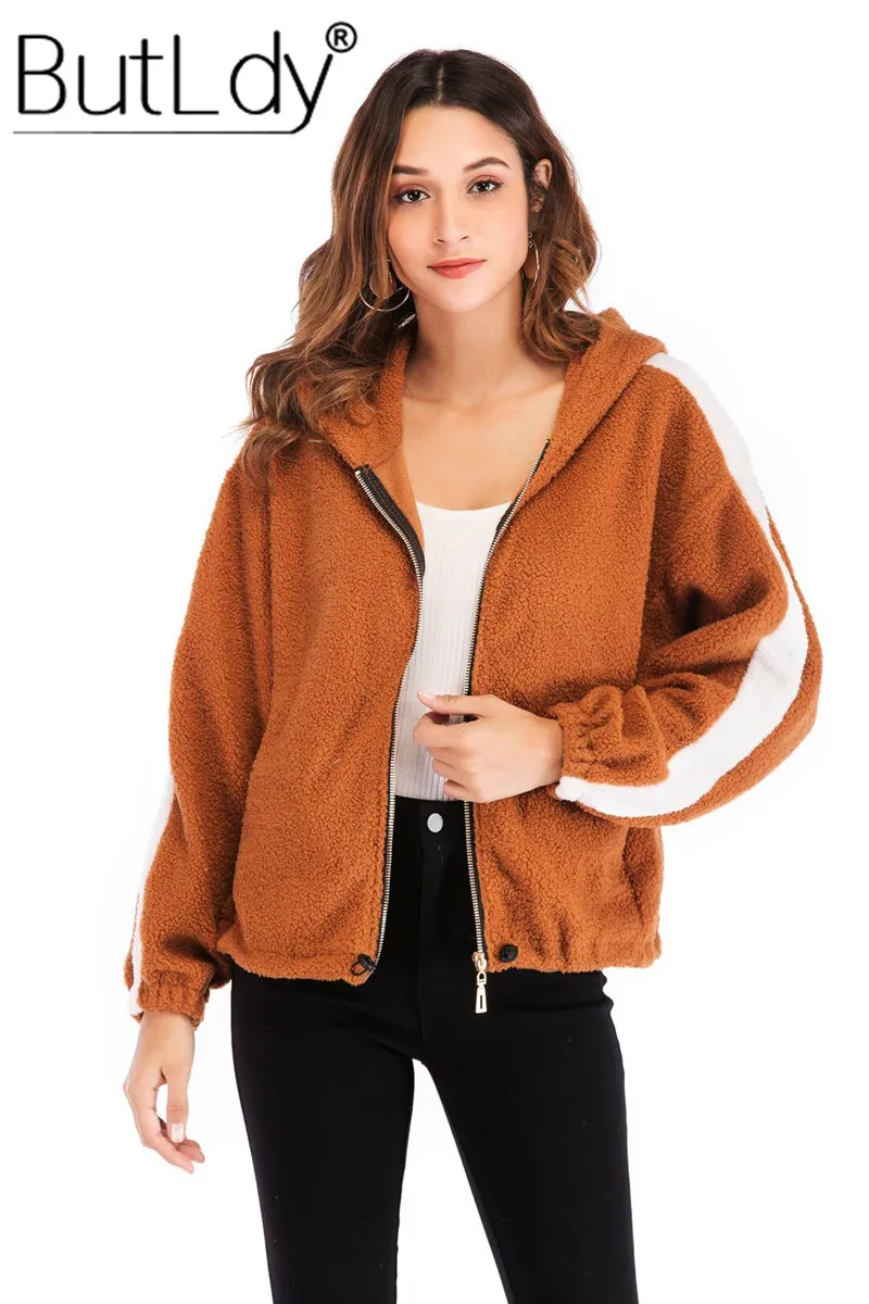

Hooded Zipper Plush Coat Women Solid Color Striped Long Sleeve Short Jacket Women New Style Autumn Winter Pocket Ladies Coat